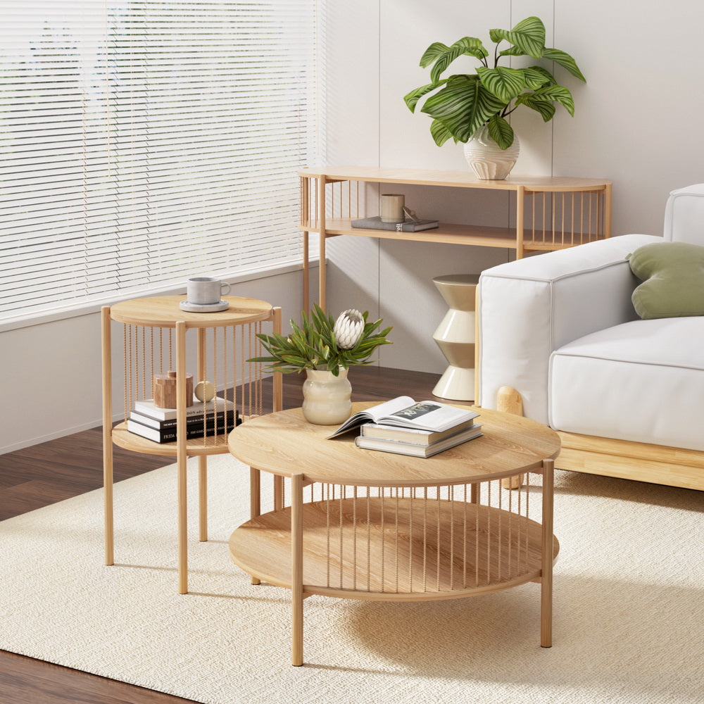 Artiss Pine Round Coffee Table 2-Tier Rustic Wood