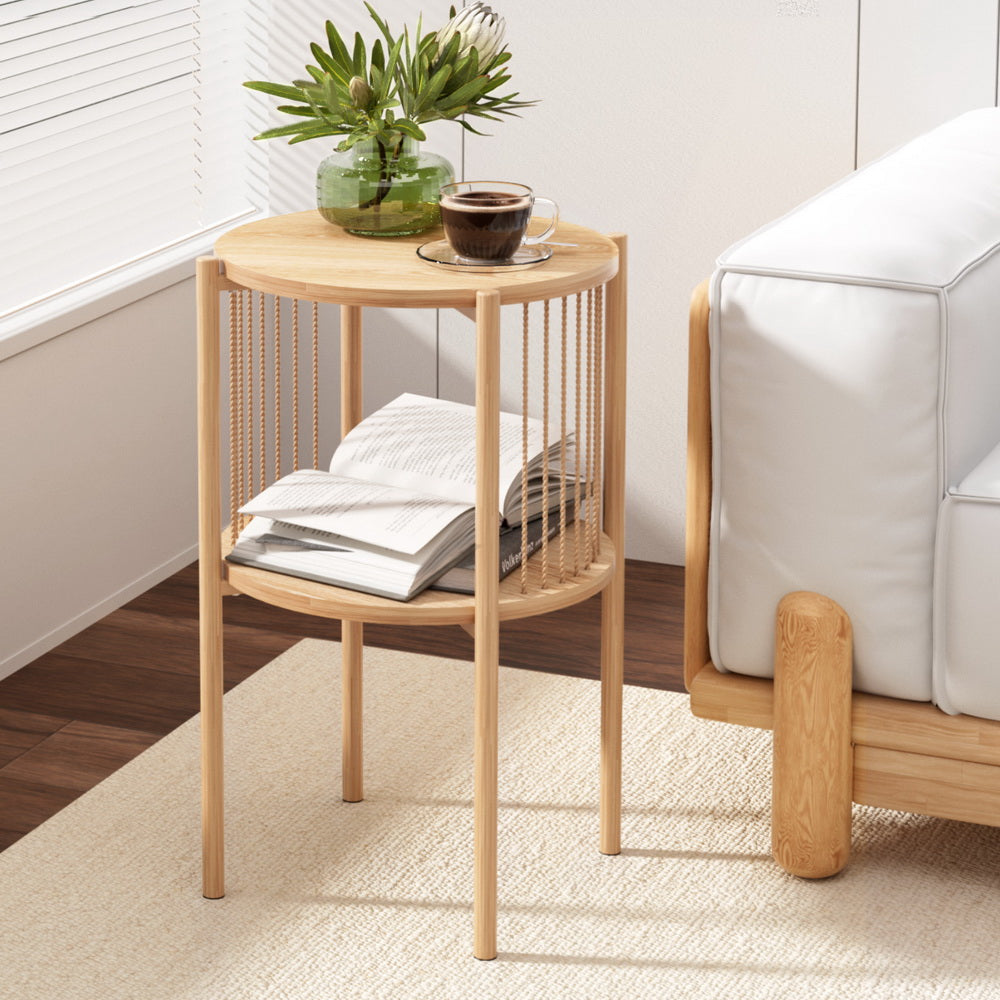 Artiss Pine Round Coffee Table 2-Tier Rustic Wood