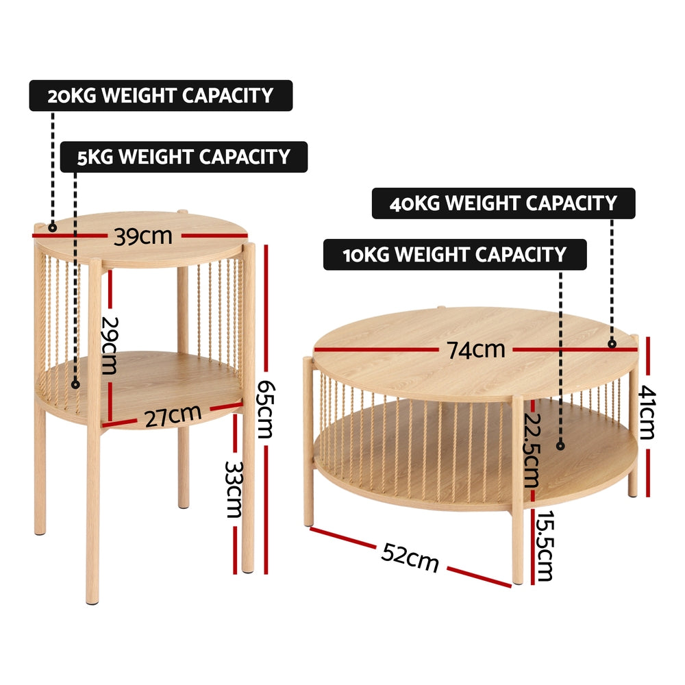 Artiss Pine Round Coffee Table Set 2-Tier Rustic Style
