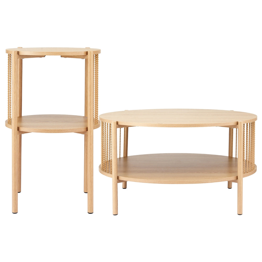 Artiss Pine Round Coffee Table Set 2-Tier Rustic Style