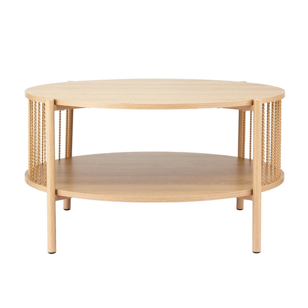 Artiss Pine Round Coffee Table 2-Tier Wood Rustic Style