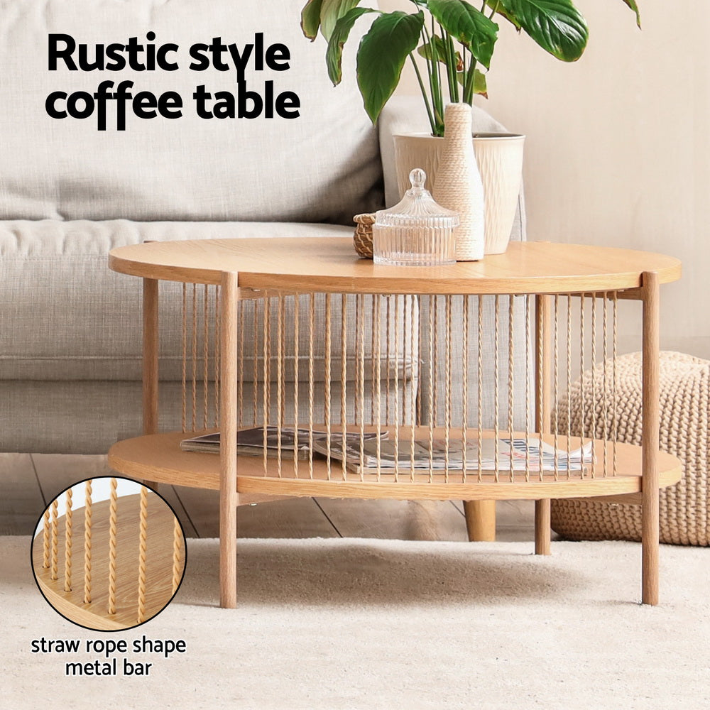 Artiss Pine Round Coffee Table 2-Tier Wood Rustic Style