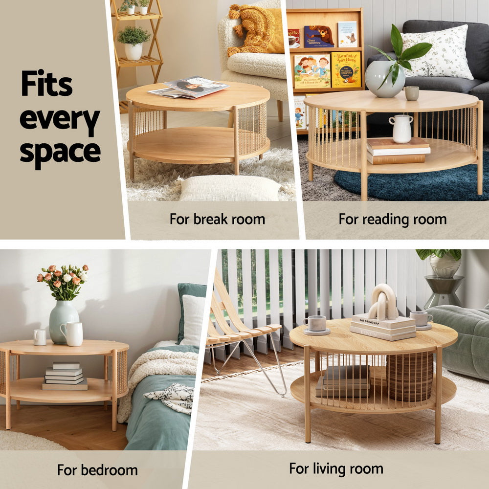 Artiss Pine Round Coffee Table 2-Tier Wood Rustic Style
