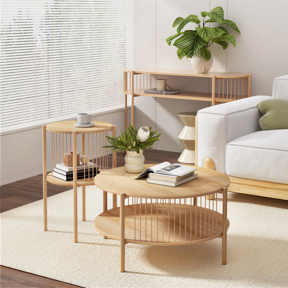Artiss Pine Round Coffee Table 2-Tier Wood Rustic Style