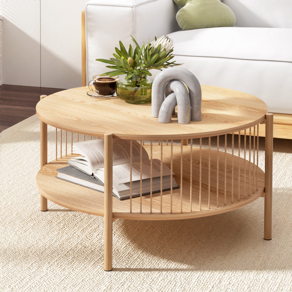 Artiss Pine Round Coffee Table 2-Tier Wood Rustic Style