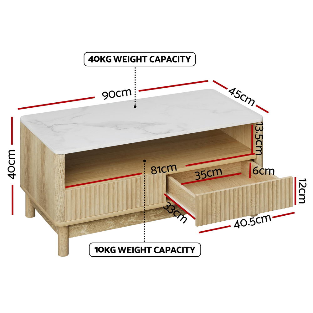 Marble Effect Coffee Table Wood & White with Drawer Shelf