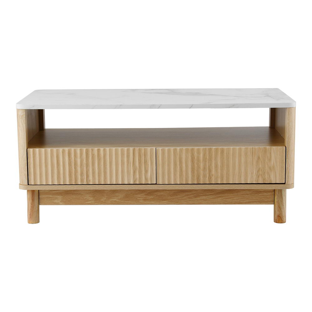 Marble Effect Coffee Table Wood & White with Drawer Shelf