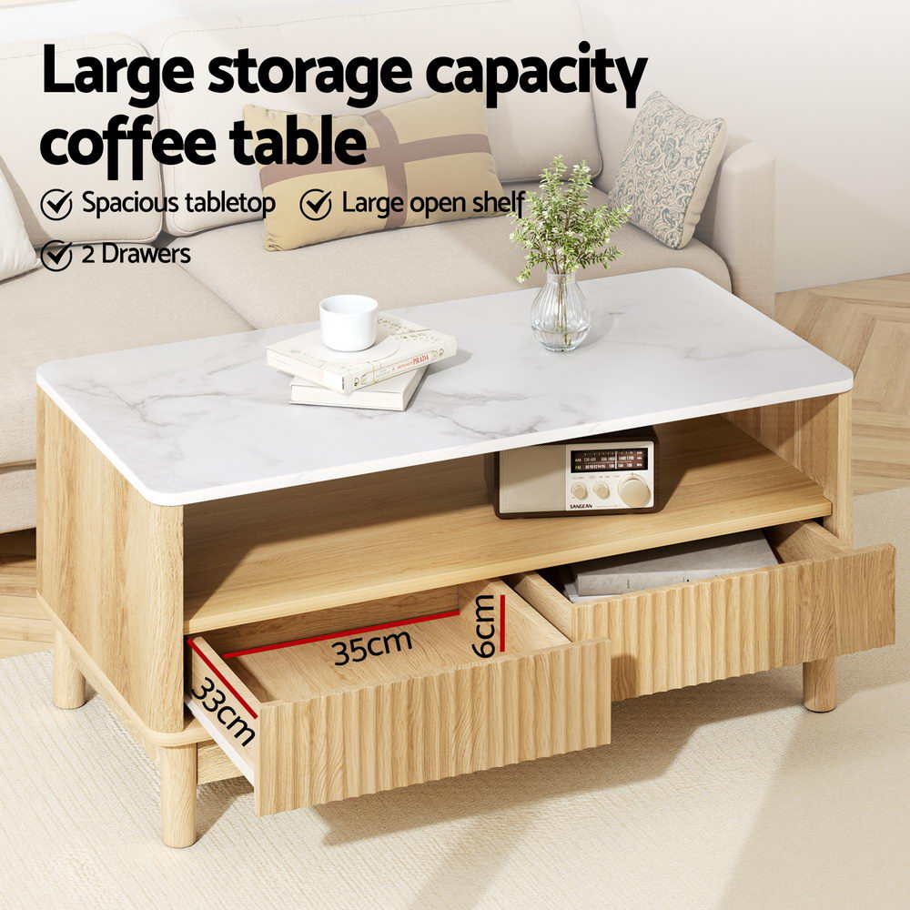 Marble Effect Coffee Table Wood & White with Drawer Shelf