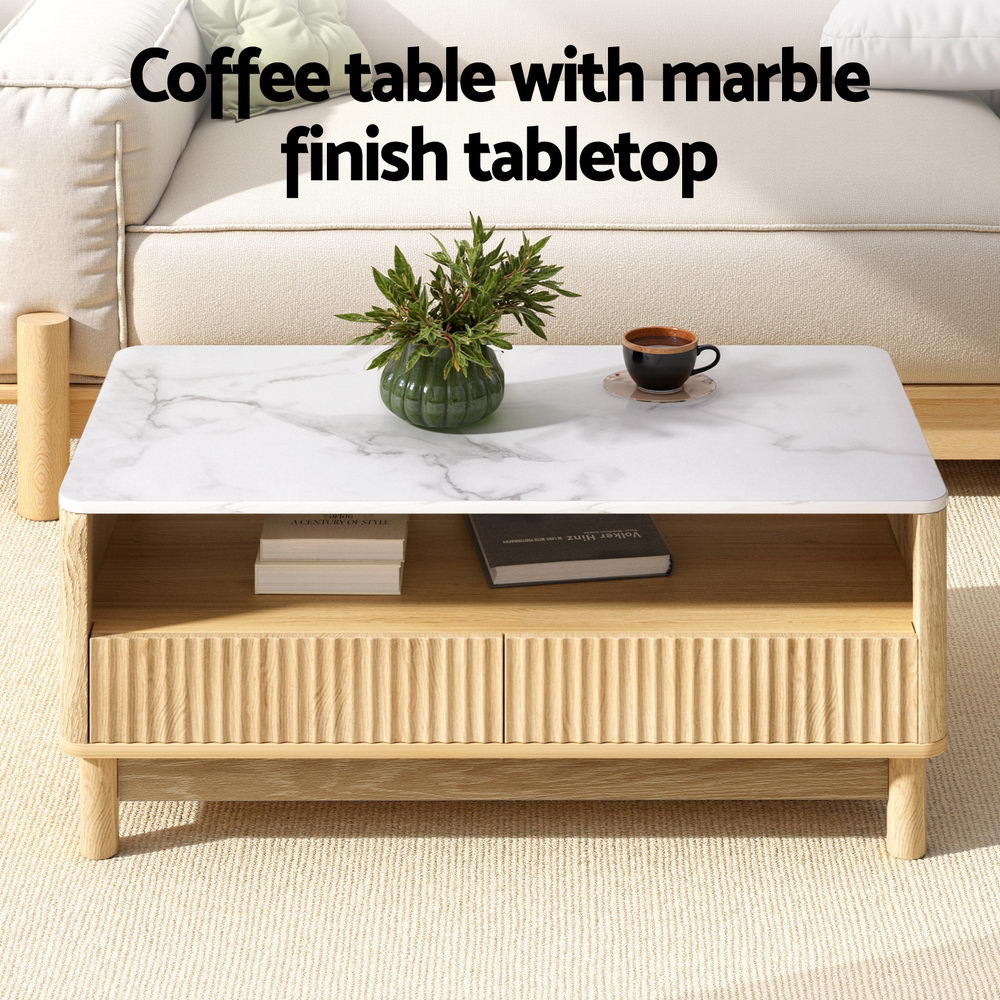 Marble Effect Coffee Table Wood & White with Drawer Shelf