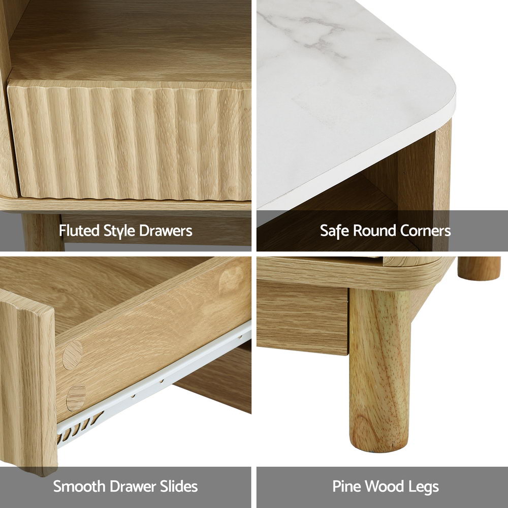Marble Effect Coffee Table Wood & White with Drawer Shelf