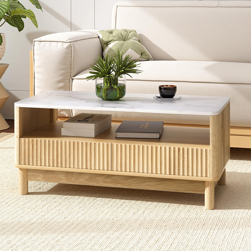 Marble Effect Coffee Table Wood & White with Drawer Shelf