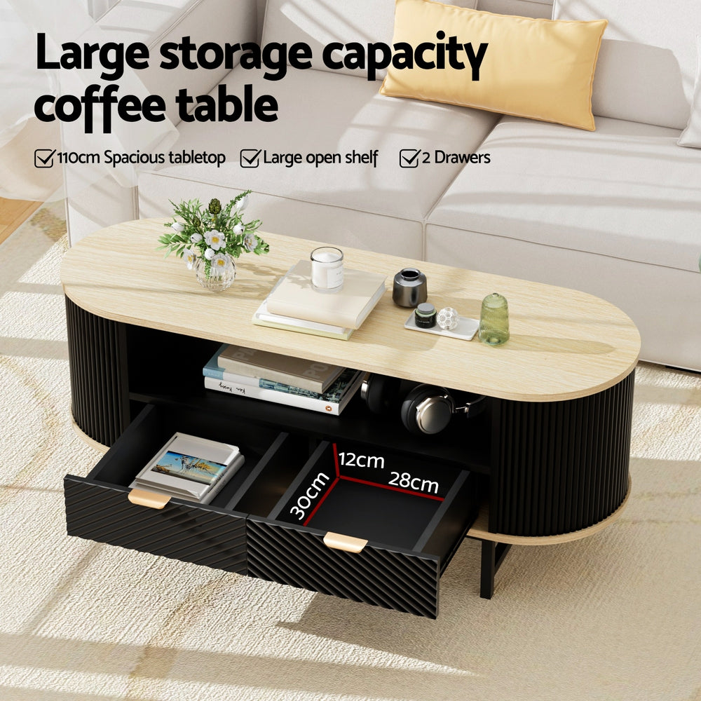 Artiss Coffee Table 110cm Wood Black Fluted Design