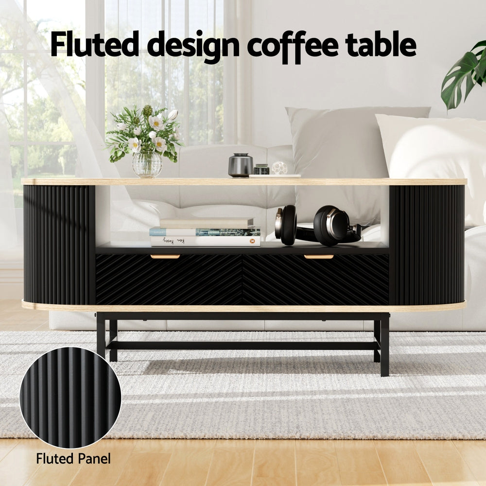 Artiss Coffee Table 110cm Wood Black Fluted Design