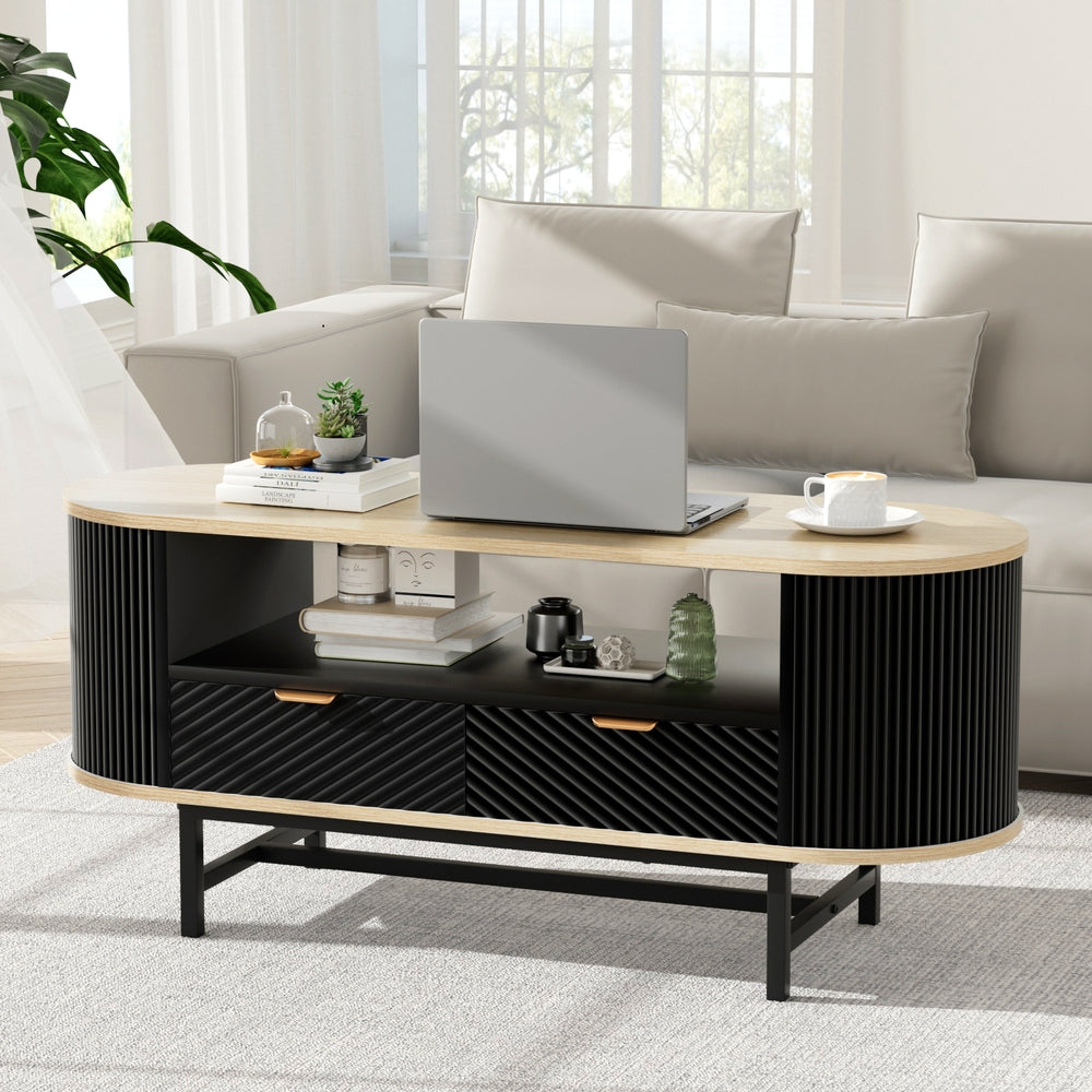 Artiss Coffee Table 110cm Wood Black Fluted Design