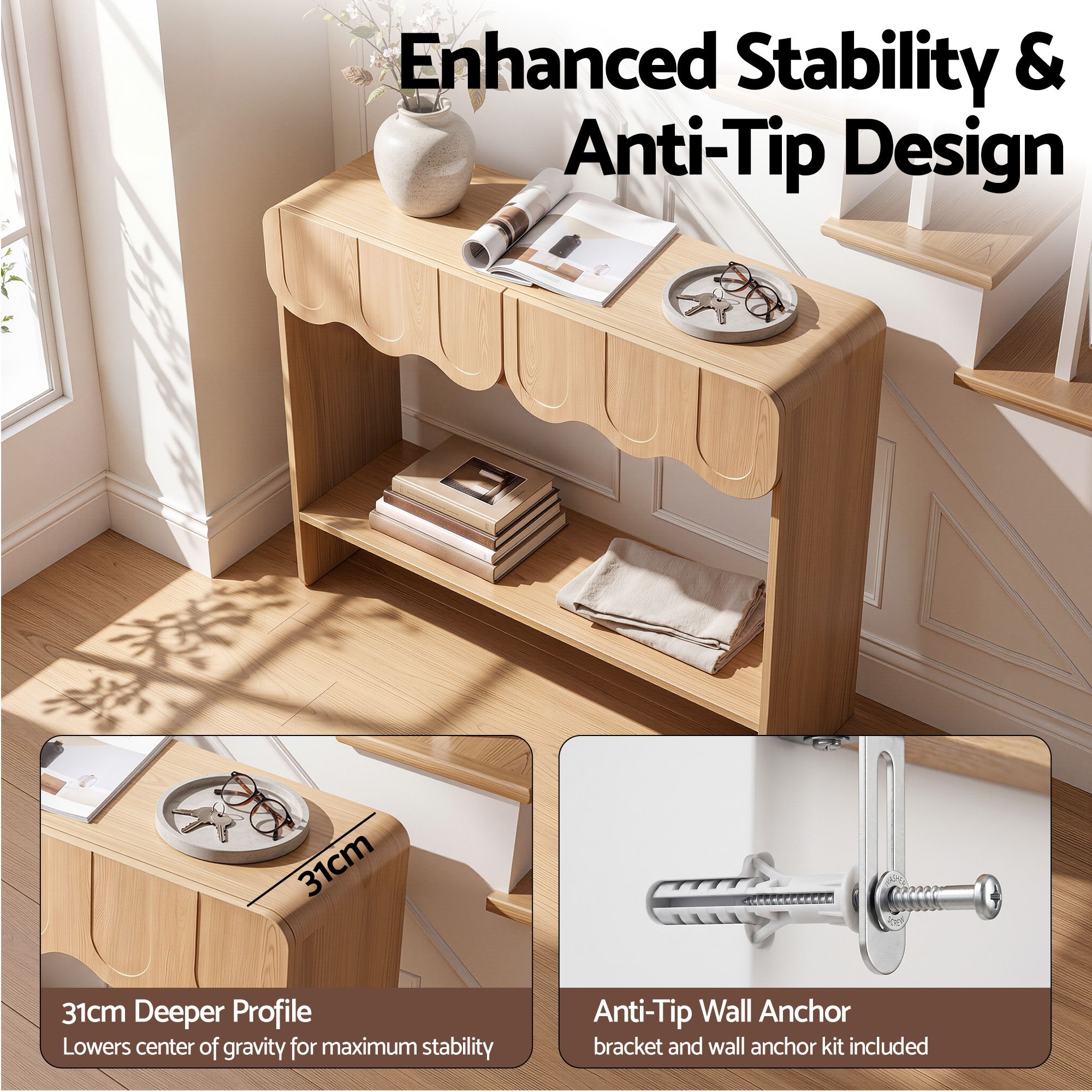 Artiss 2-Drawer Console Table, Scalloped Entryway Table with Safe Rounded Corners, 100 x 31 x 80 cm