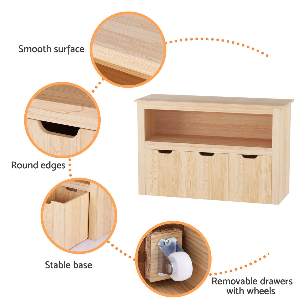 Keezi Kids Bookshelf 3-Drawer White Wooden Toy Organiser