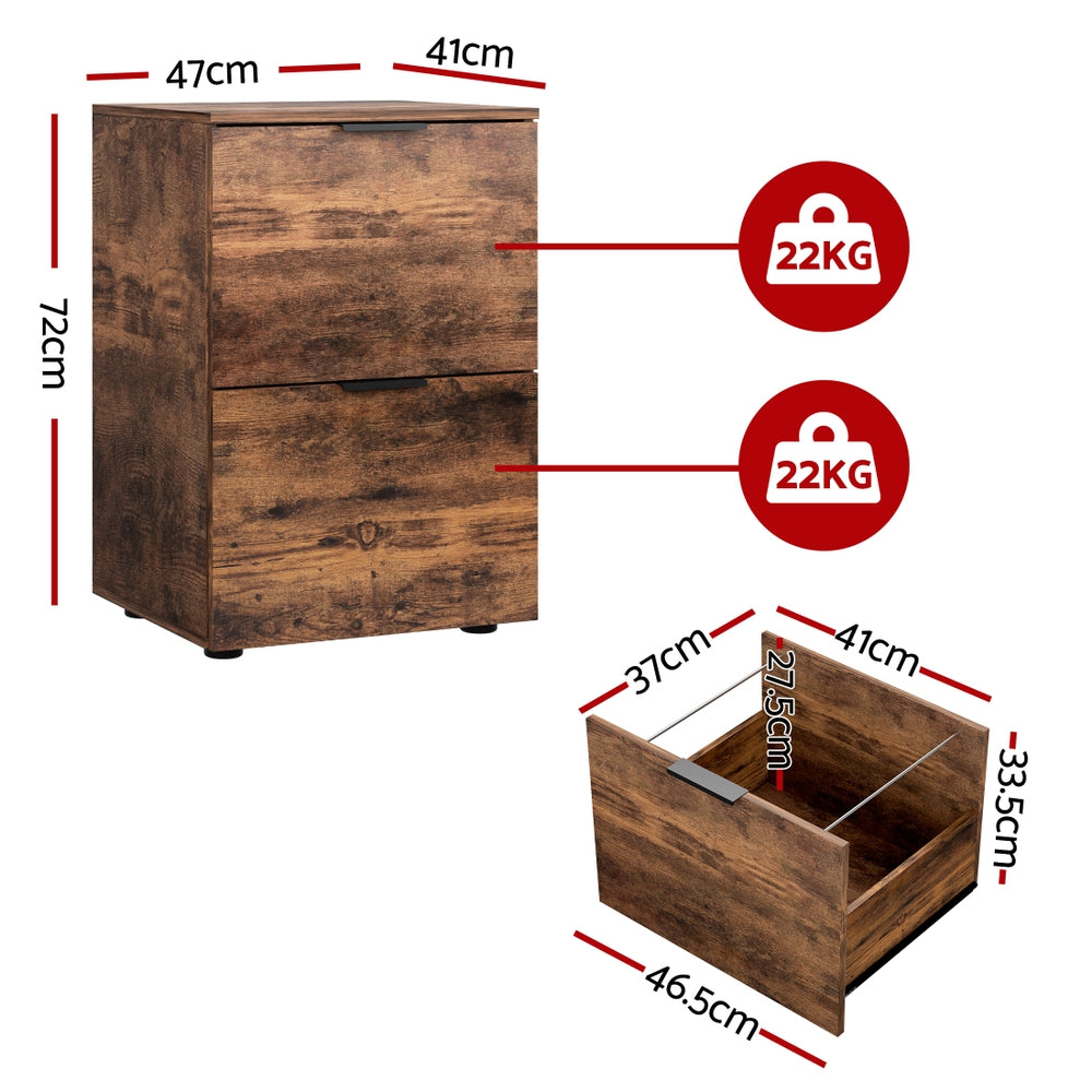 Rustic Brown 2-Drawer Filing Cabinet Office Organiser