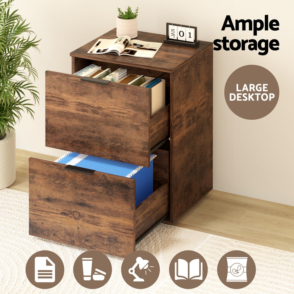 Rustic Brown 2-Drawer Filing Cabinet Office Organiser