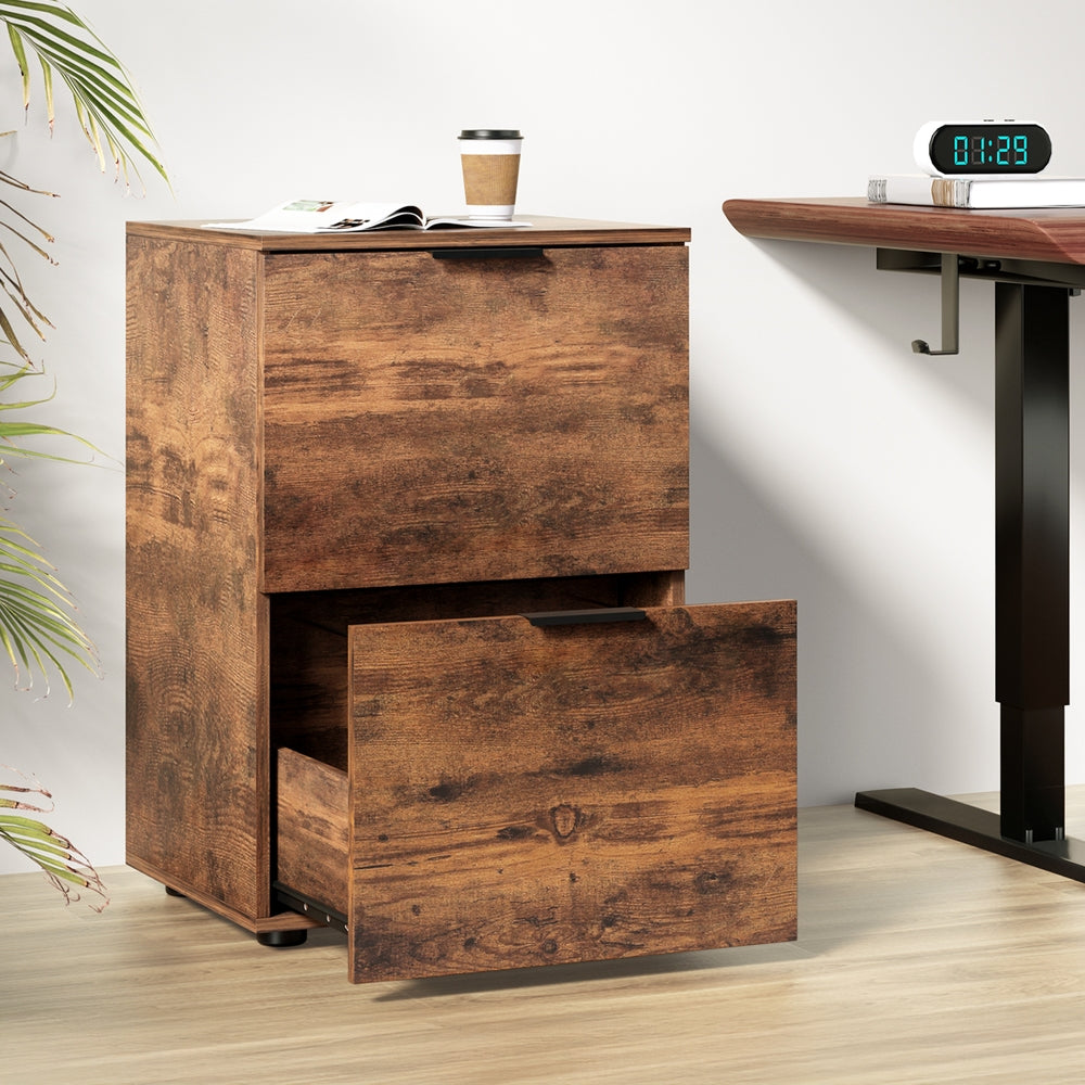 Rustic Brown 2-Drawer Filing Cabinet Office Organiser