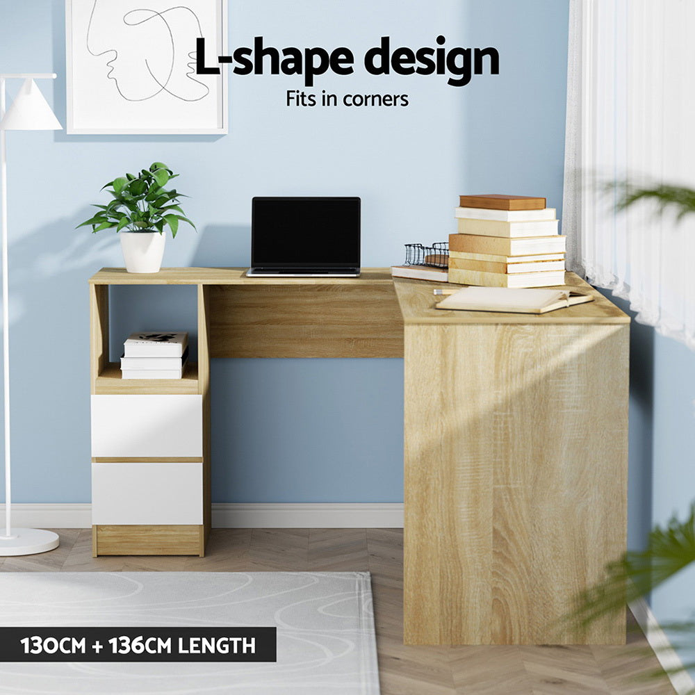 Artiss 136cm L-Shape Computer Desk Drawer Cabinet Oak
