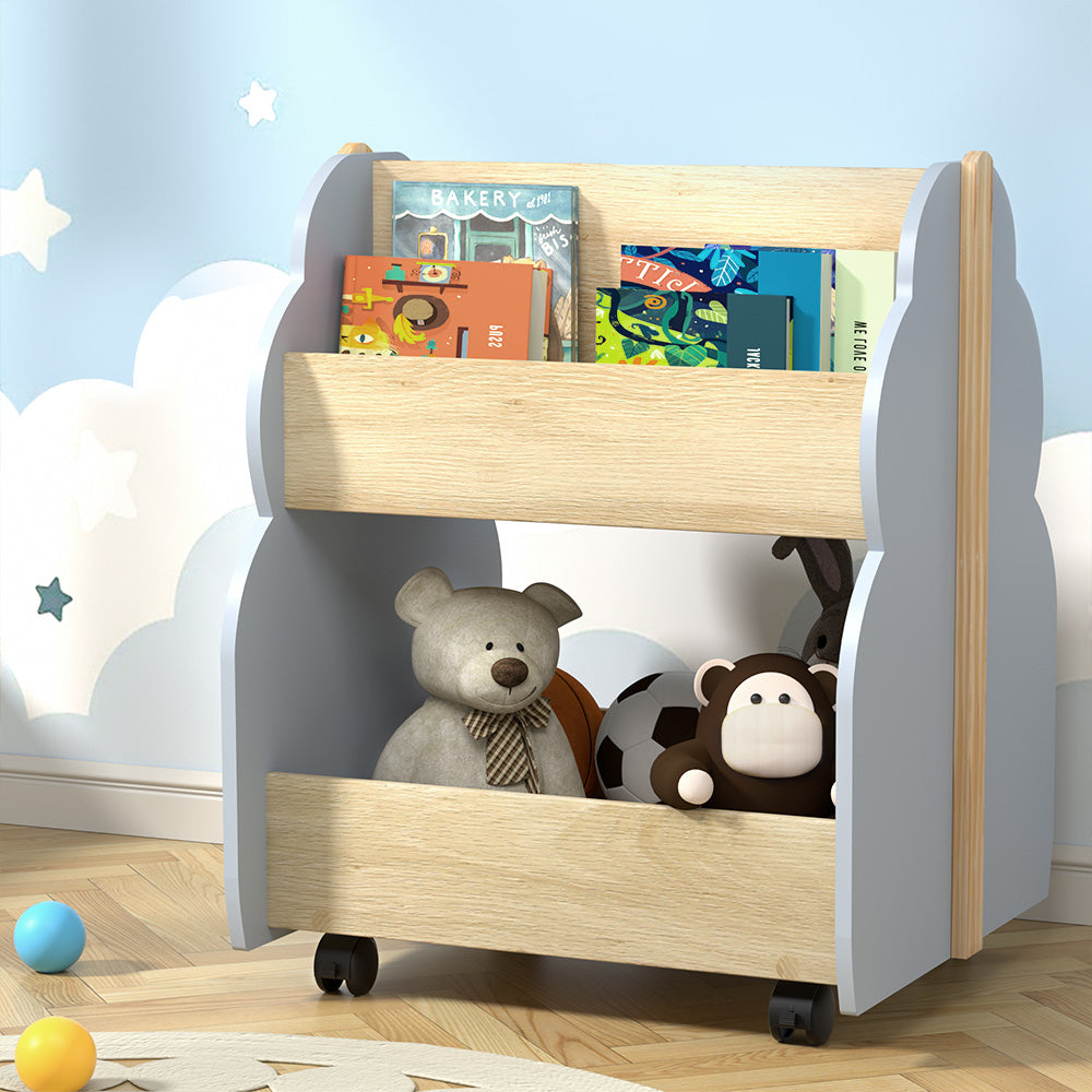 Keezi Kids Bookshelf Toy Box Organiser Grey Pine