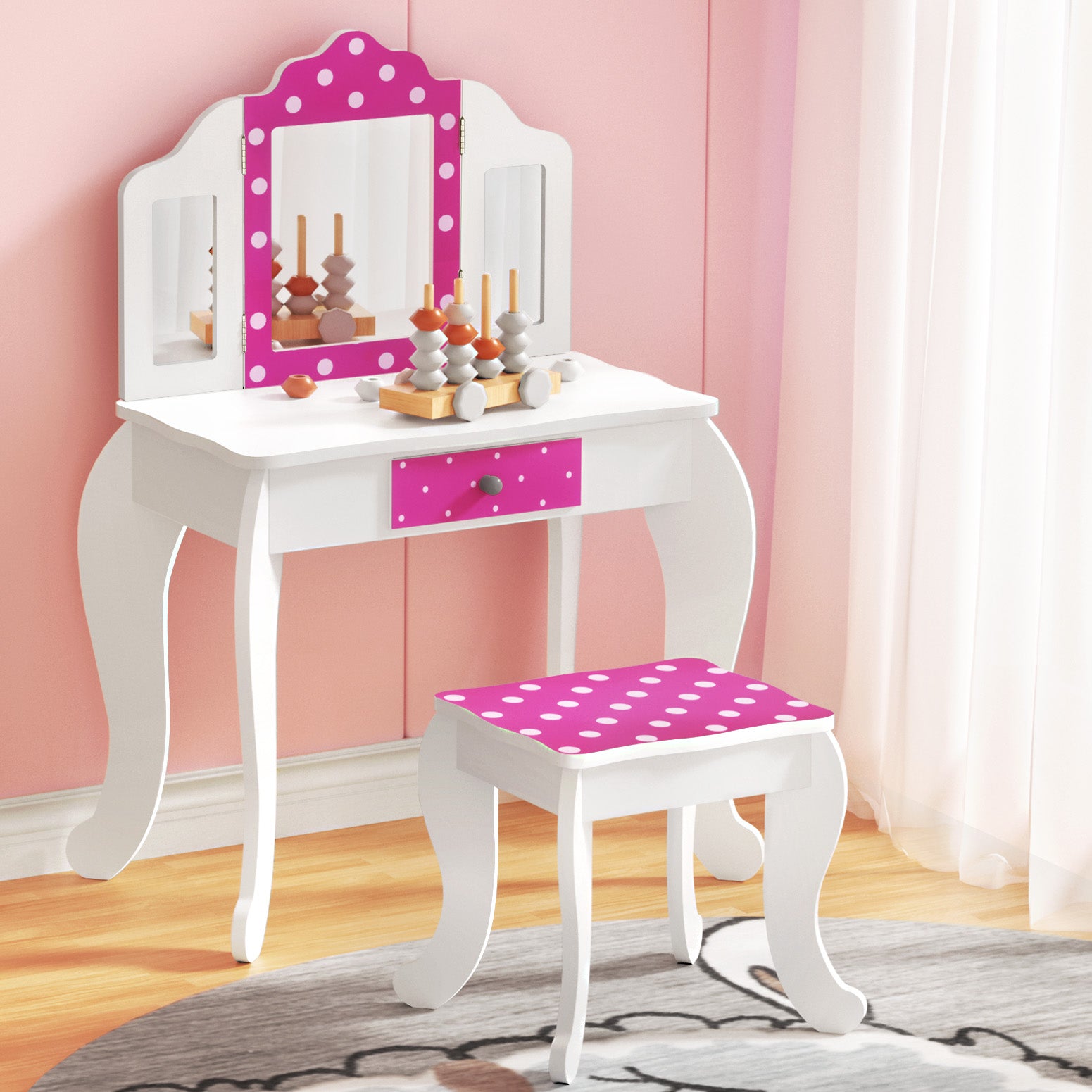 Kids 3-Mirror Dressing Table Set, MDF, Pink - Keezi