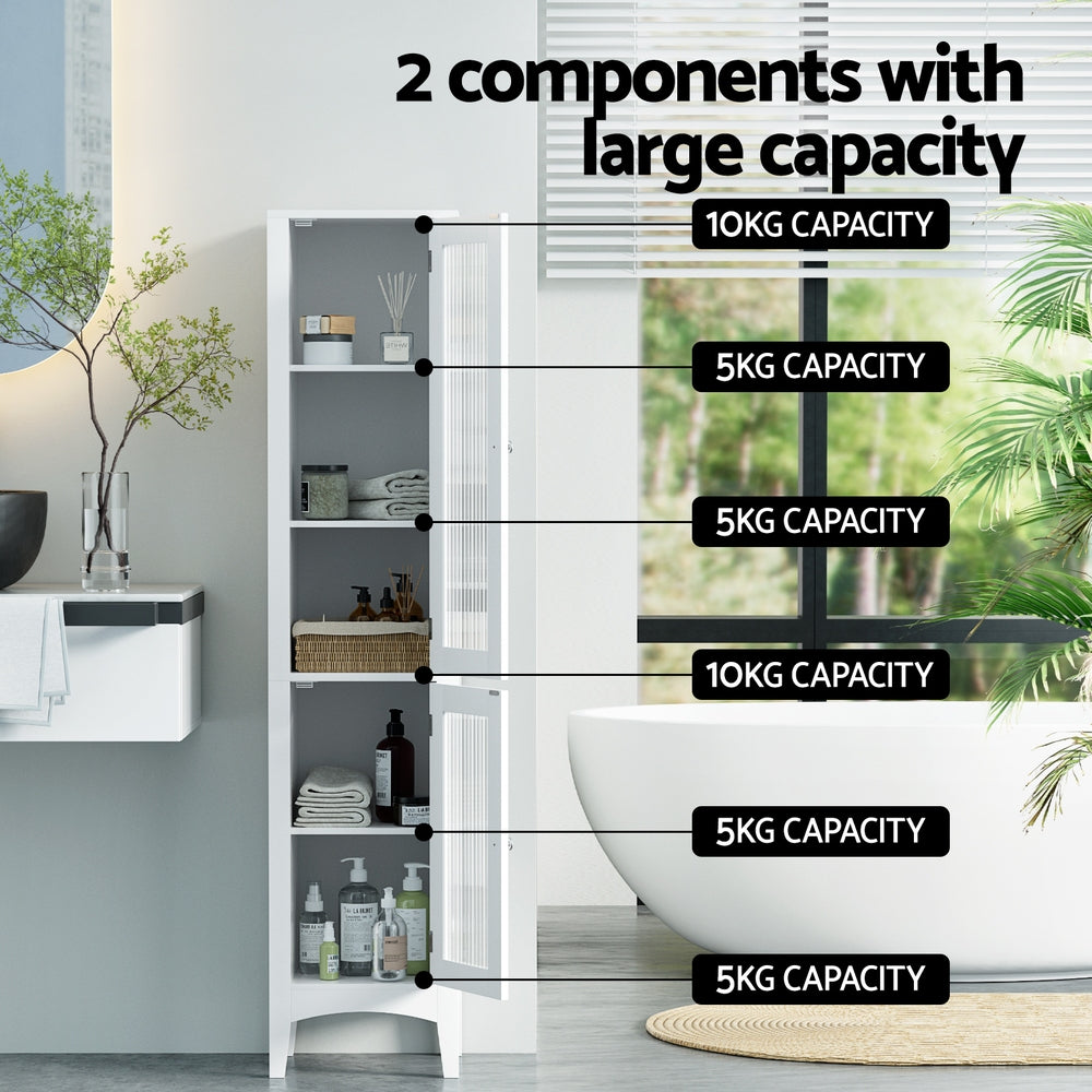 Artiss 160cm Tall Slim Bathroom Storage Cabinet Glass Door White
