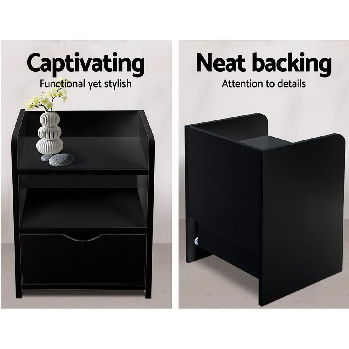Fara Bedside Table 1 Drawer with Shelf Black