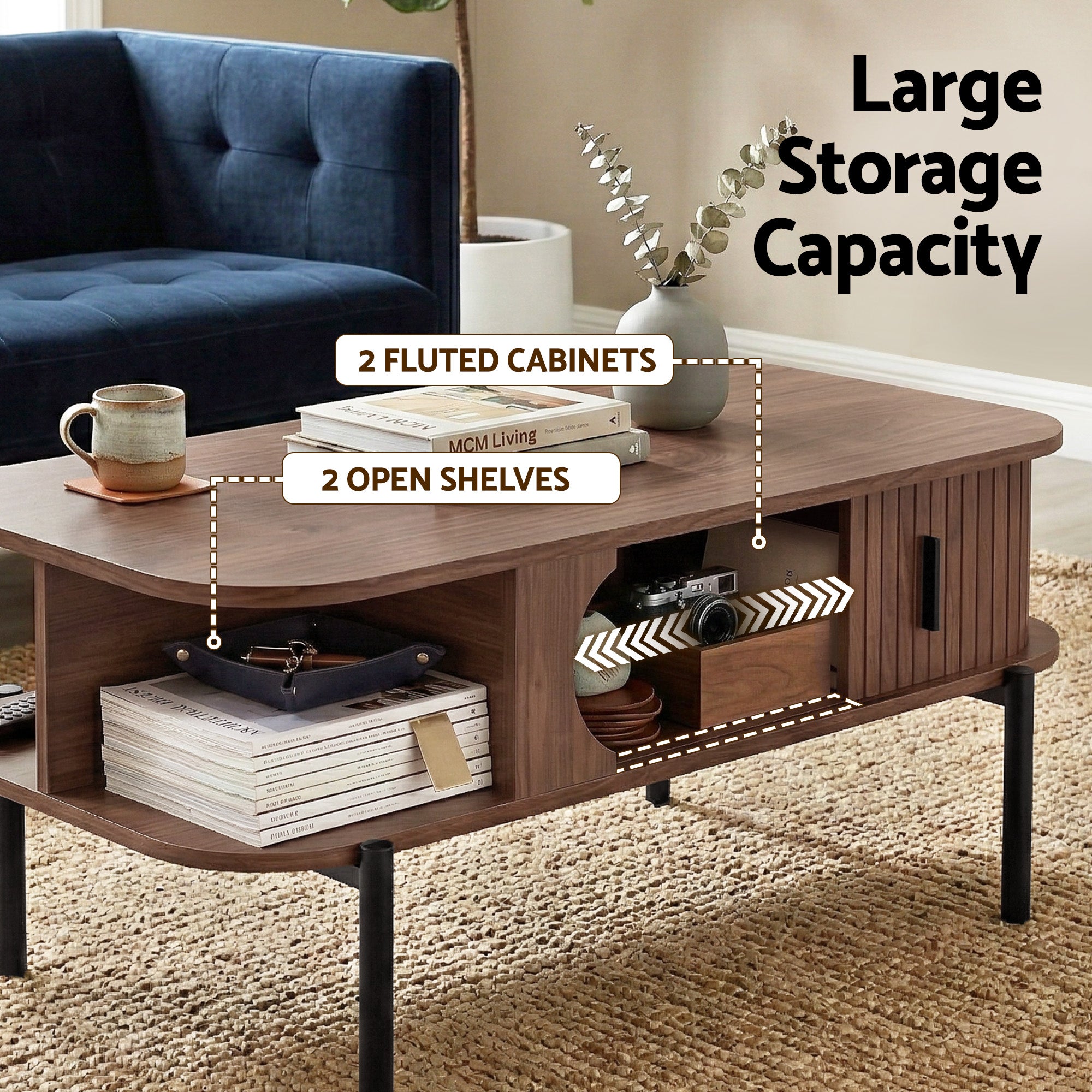 Artiss Coffee Table Living Room Center Table Shelf Cabinet Walnut