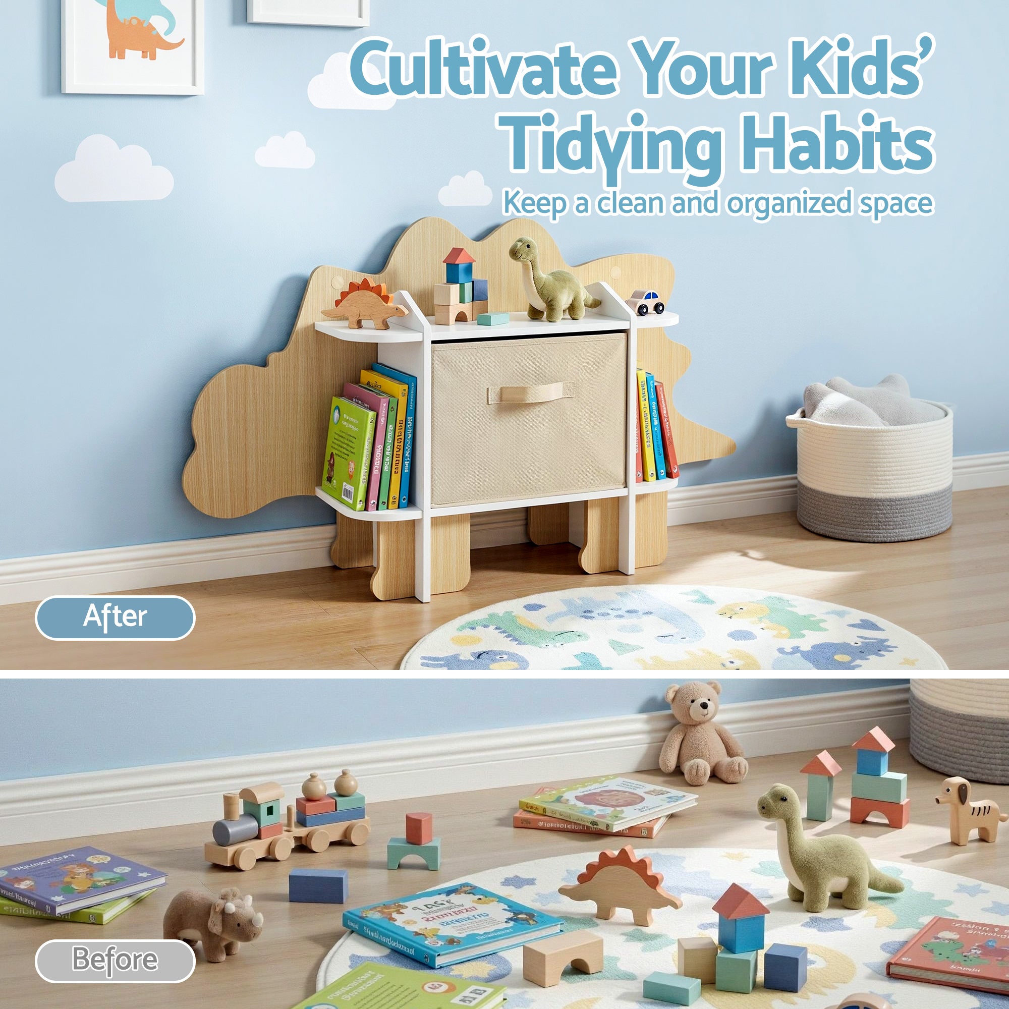 Keezi Dinosaur Kids Bookshelf 2-Tier Children's Bookcase Wooden with with Fabric Drawer, Toddler Bookshelf Toy Storage Organizer for Preschool, Kids Room, Playroom, Nursery