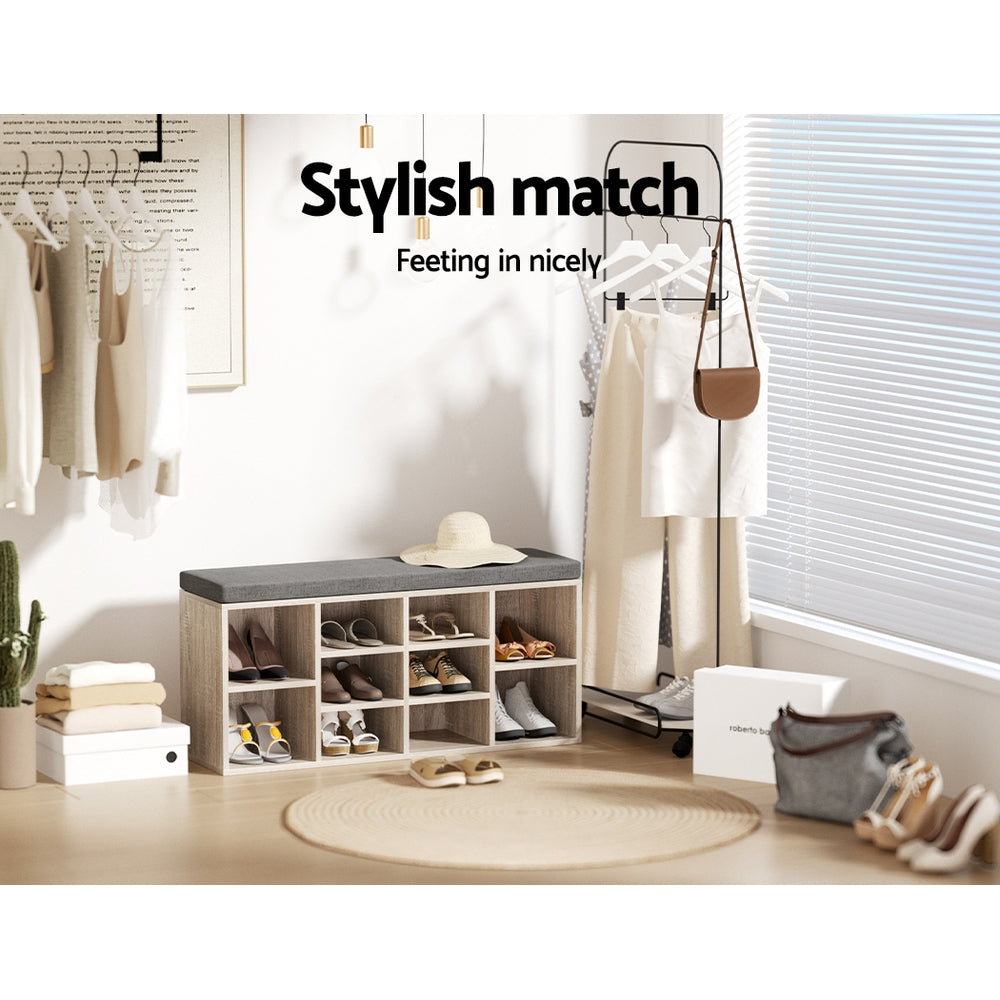 BOA Shoe Rack Cabinet Bench Pine Grey Fabric Seat