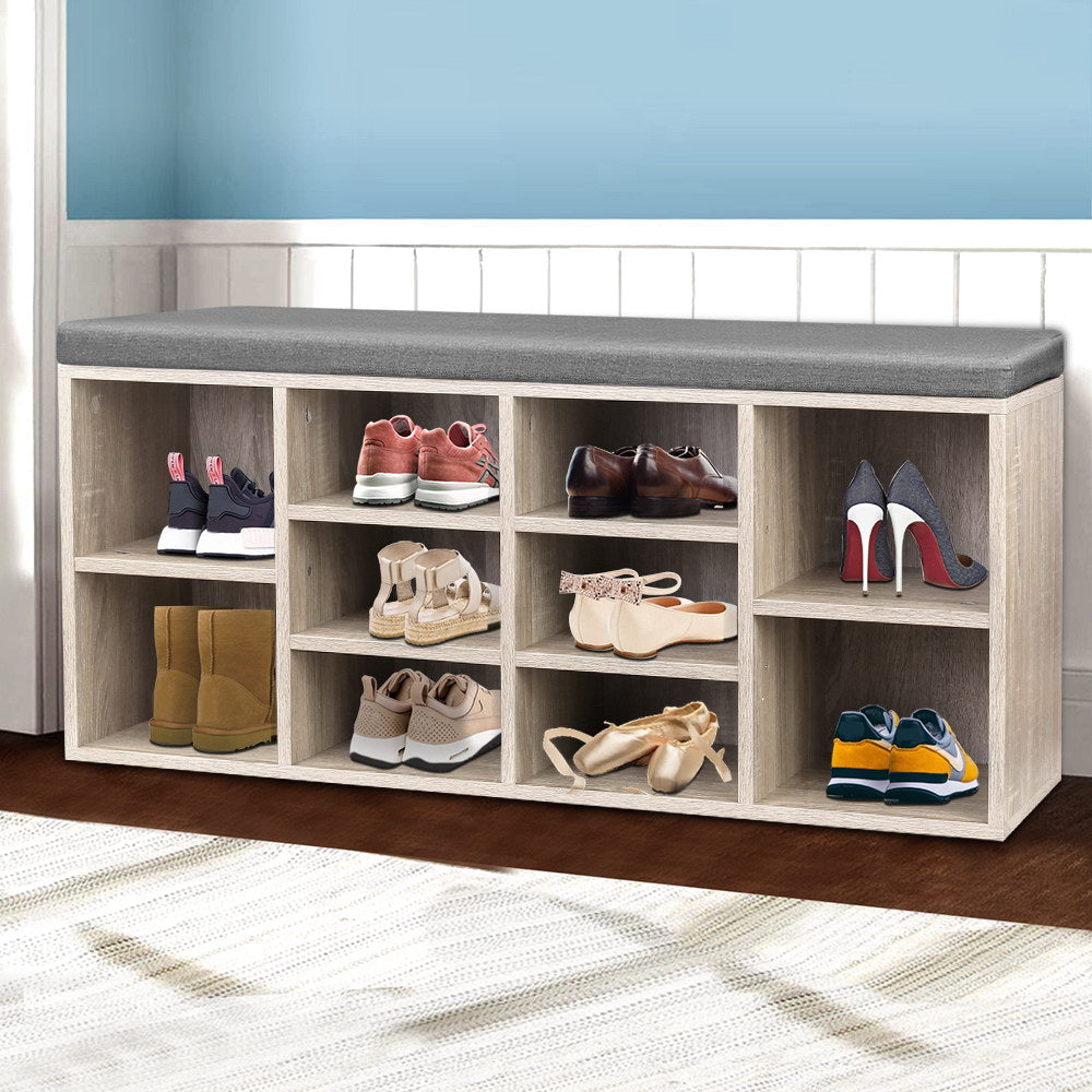 BOA Shoe Rack Cabinet Bench Pine Grey Fabric Seat