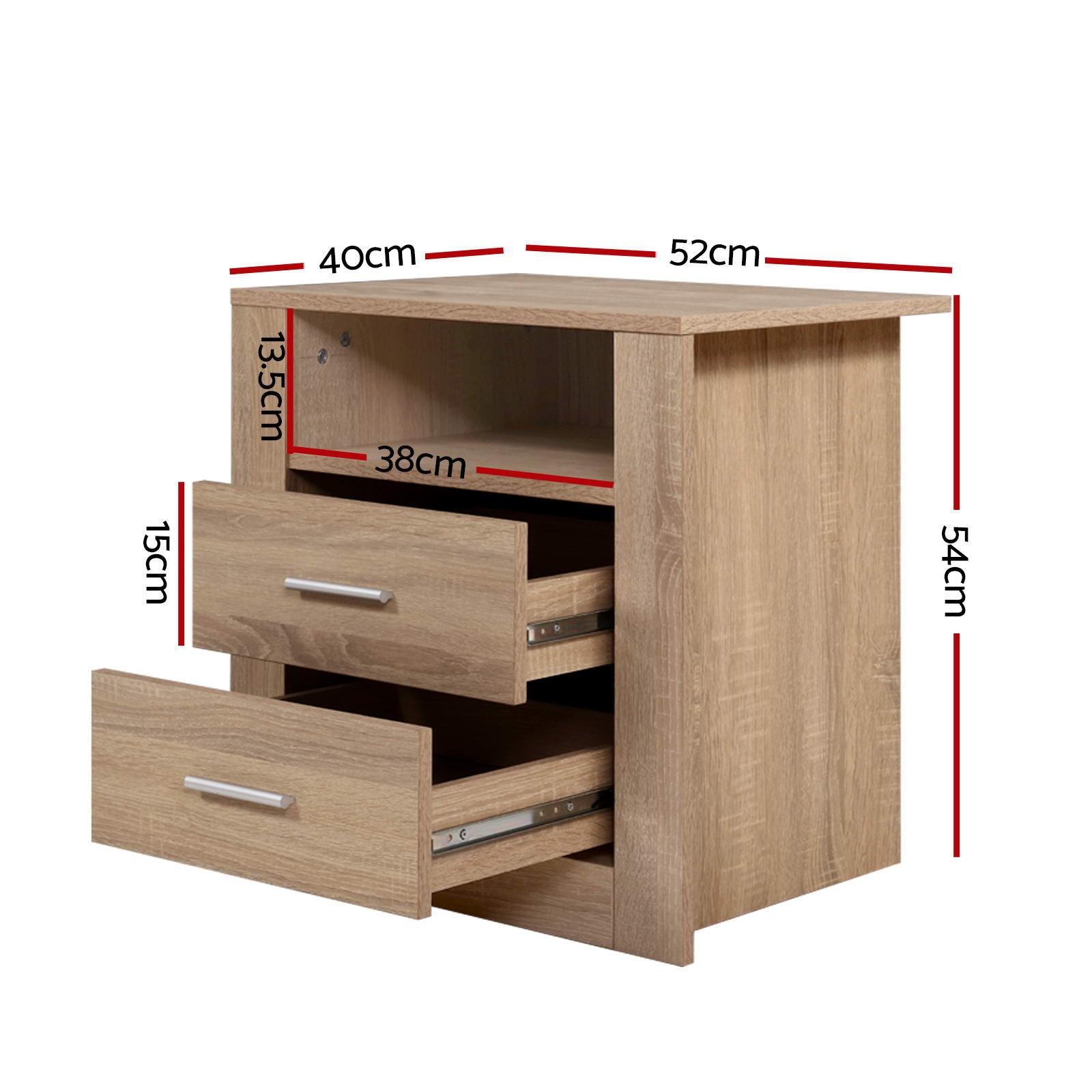 TARA Oak Bedside Tables 2 Drawers with Shelf Set of 2