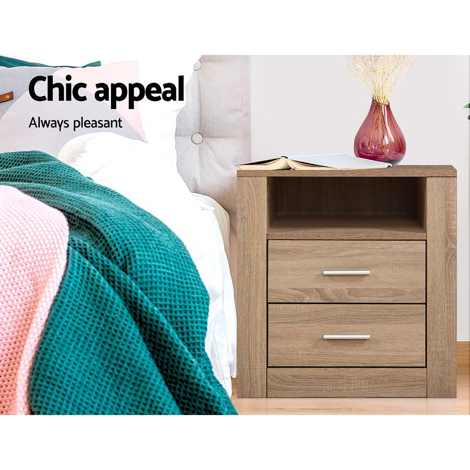 TARA Oak Bedside Tables 2 Drawers with Shelf Set of 2