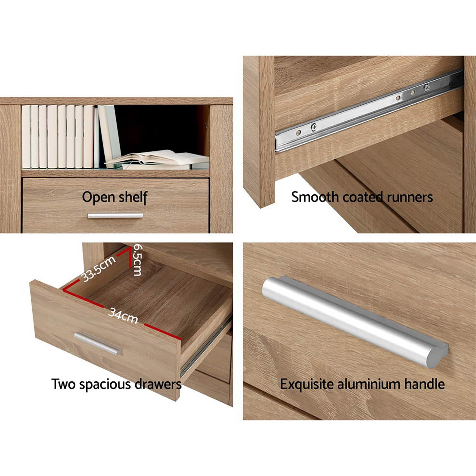 TARA Oak Bedside Tables 2 Drawers with Shelf Set of 2