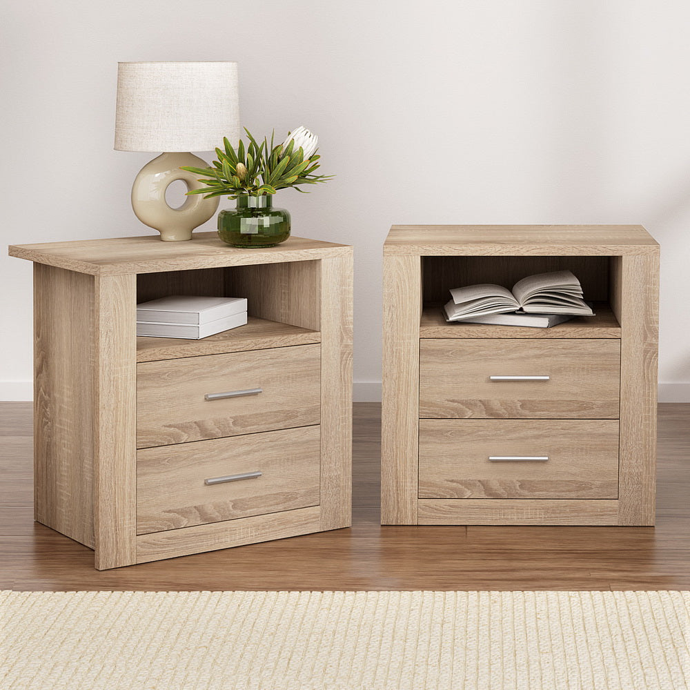 TARA Oak Bedside Tables 2 Drawers with Shelf Set of 2