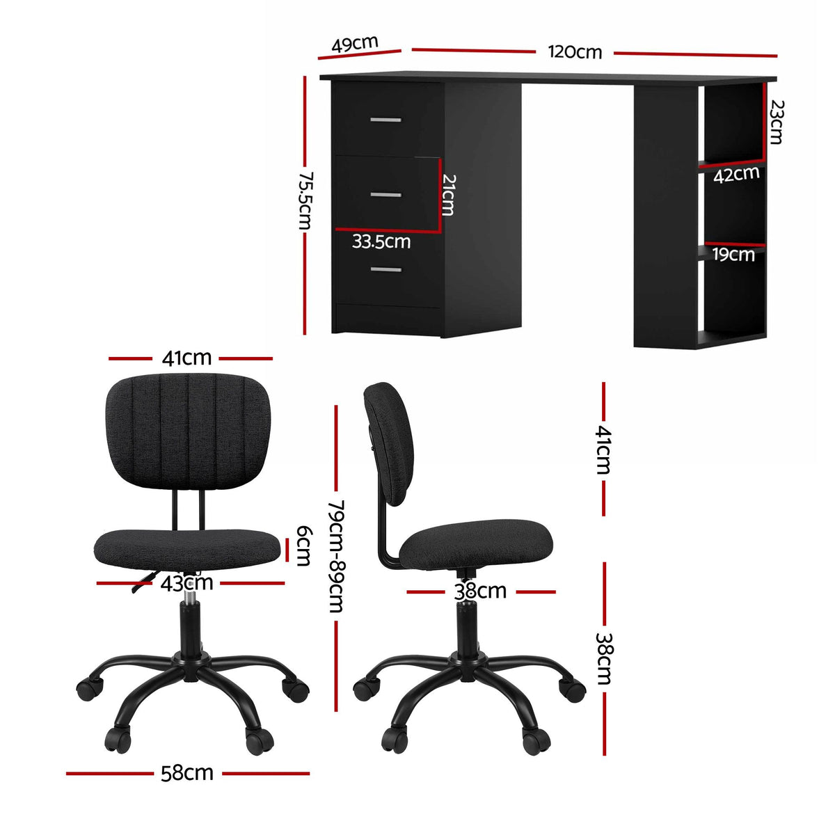 Artiss 120cm Office Desk and Chair Set with 3 Drawers