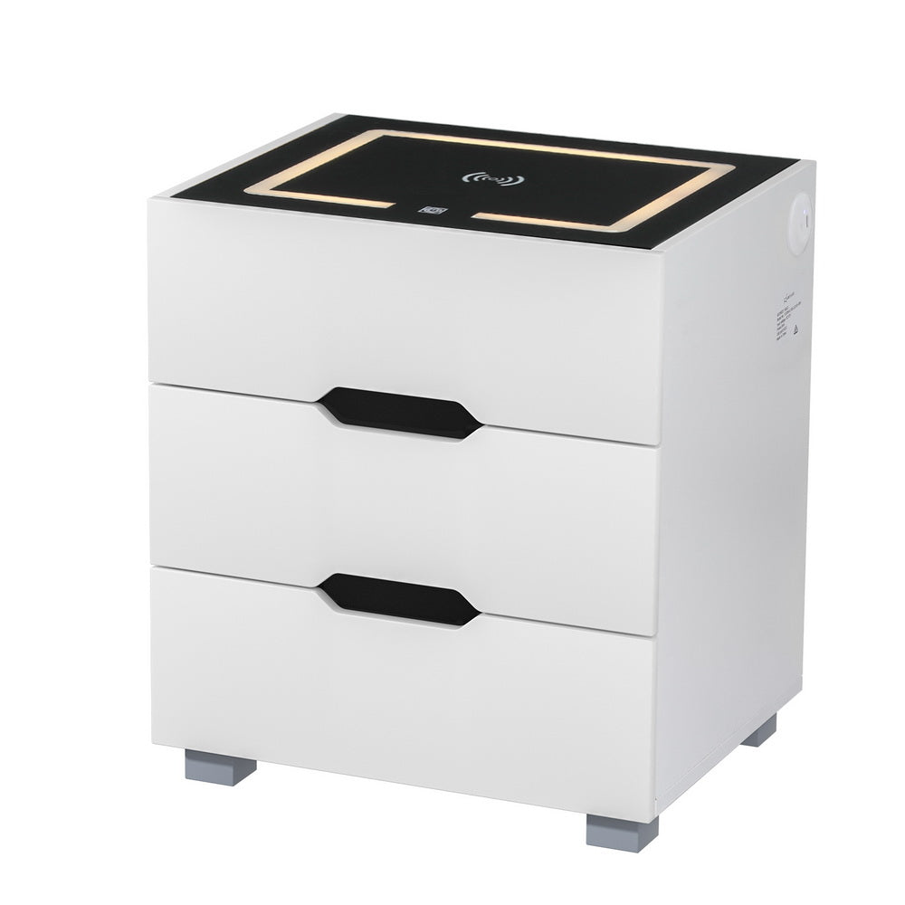 Adad Smart Bedside Table 3 Drawers Wireless Charging LED White