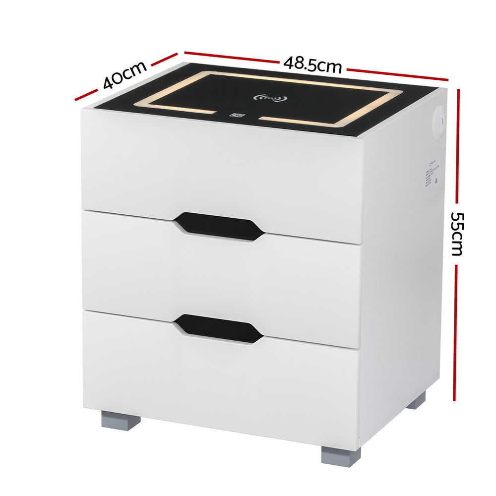 Adad Smart Bedside Table 3 Drawers Wireless Charging LED White