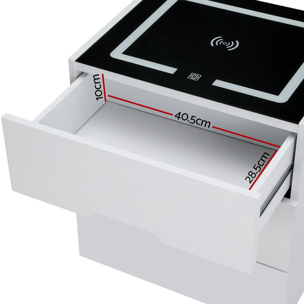 Adad Smart Bedside Table 3 Drawers Wireless Charging LED White