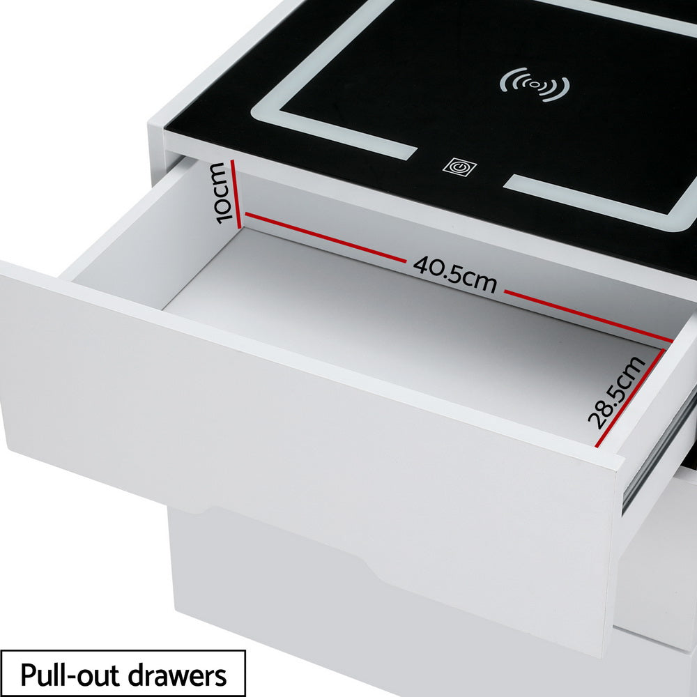 Adad Smart Bedside Table 3 Drawers Wireless Charging LED White
