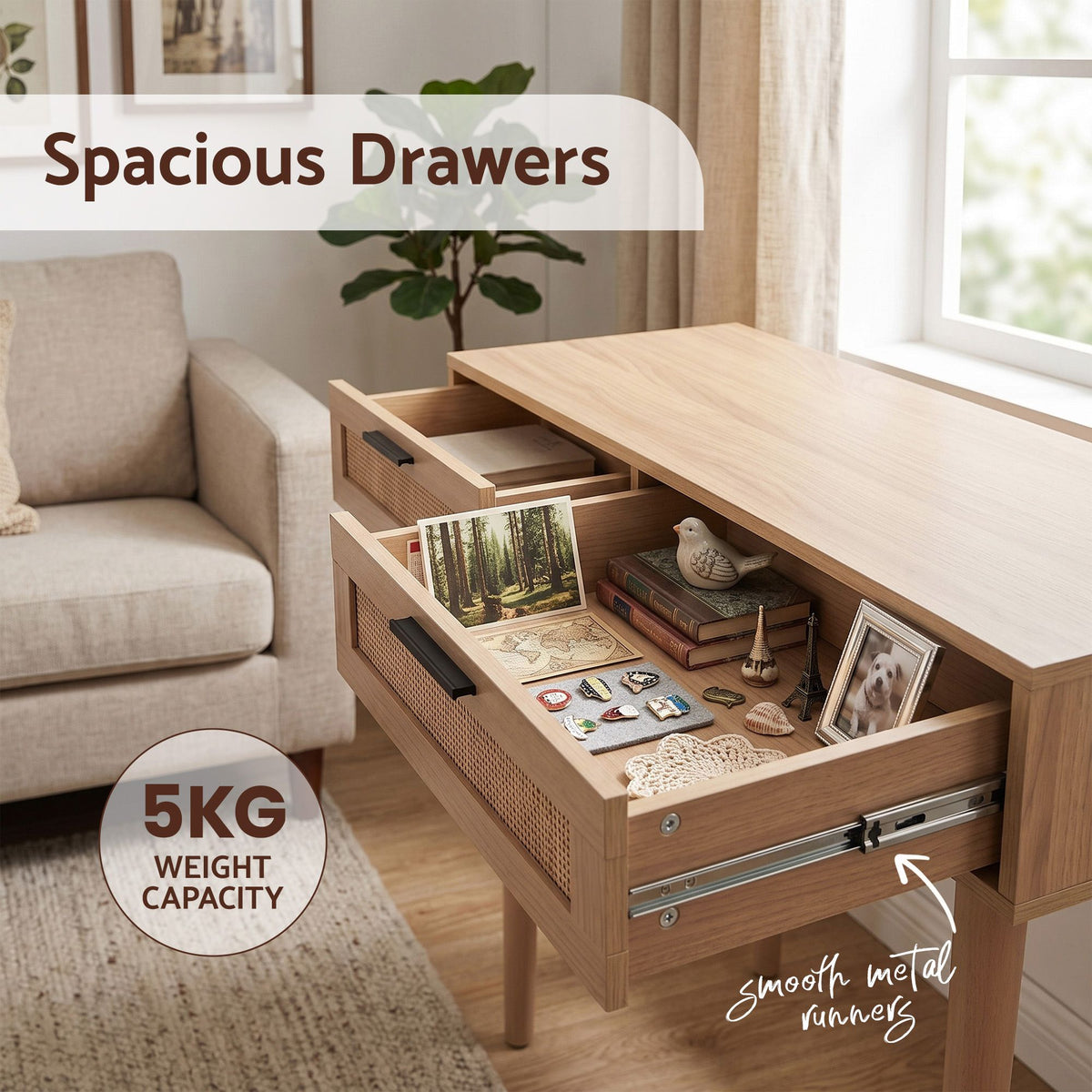 Artiss Console Table with 2 Rattan Drawers and Eucalyptus Legs