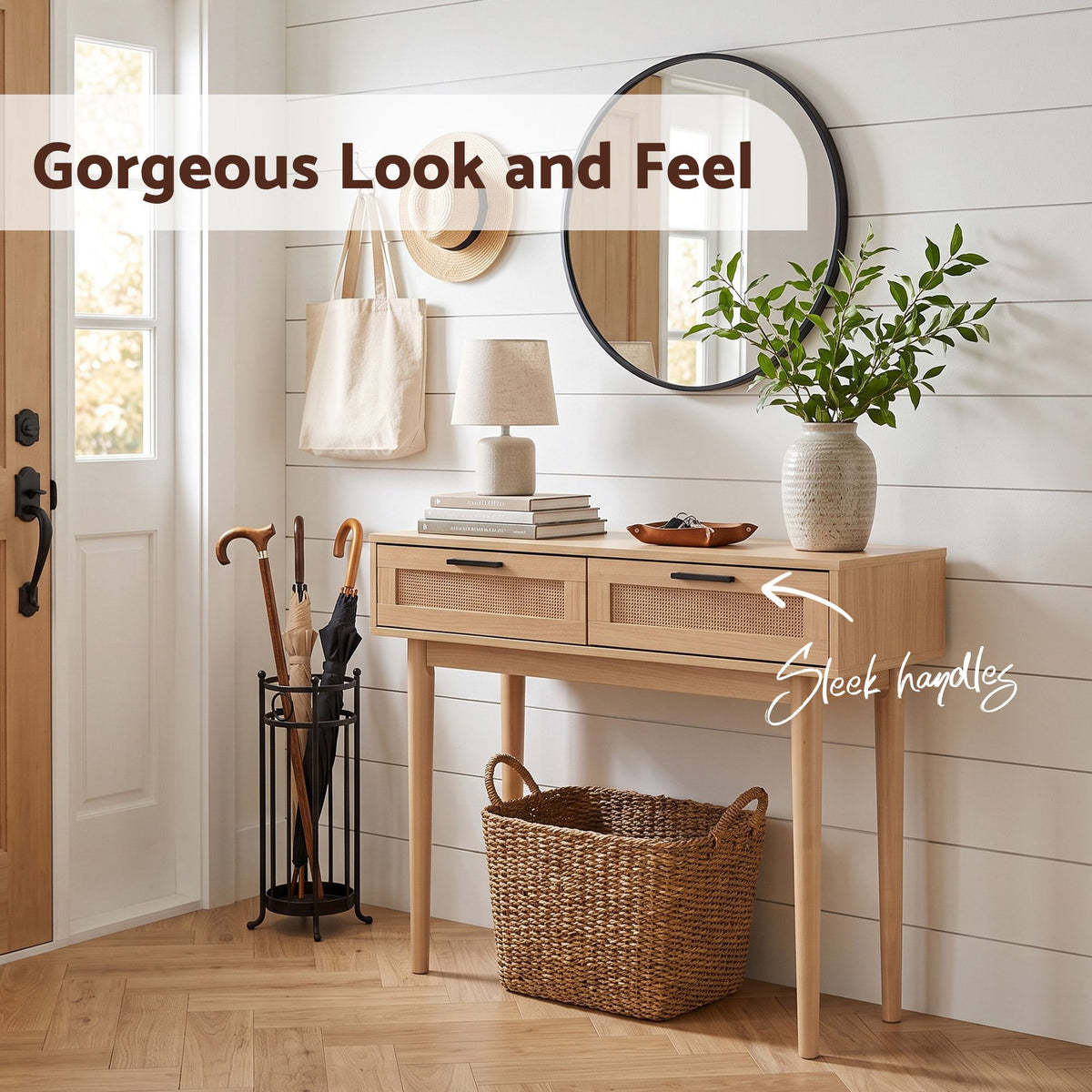 Artiss Console Table with 2 Rattan Drawers and Eucalyptus Legs