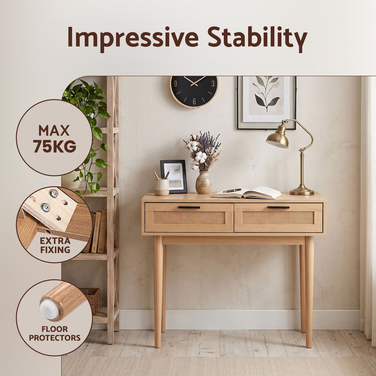 Artiss Console Table with 2 Rattan Drawers and Eucalyptus Legs