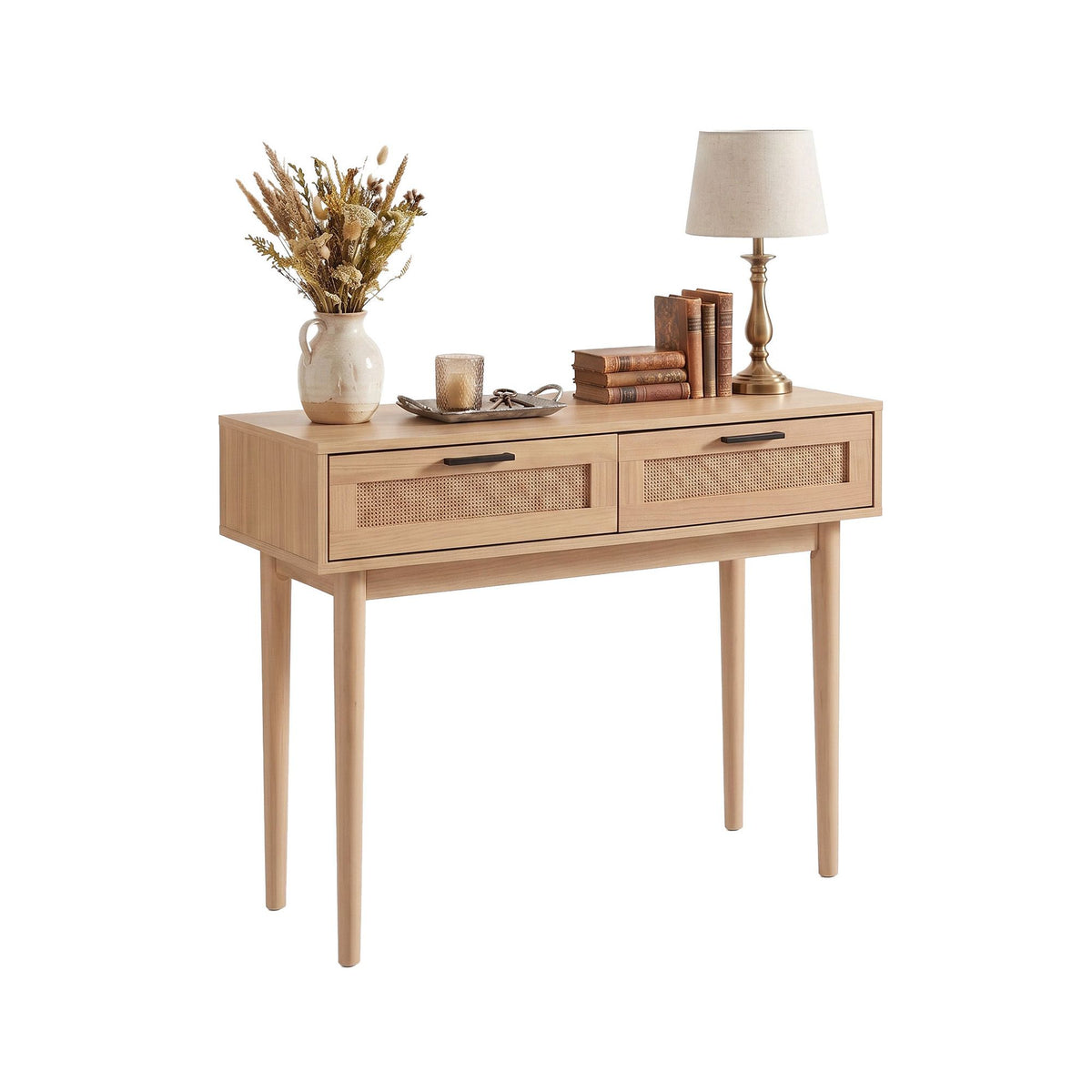 Artiss Console Table with 2 Rattan Drawers and Eucalyptus Legs