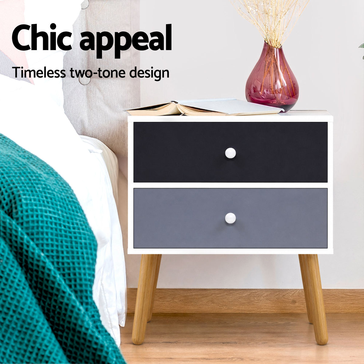 Bonds Two-Tone Bedside Table 2 Drawers, White