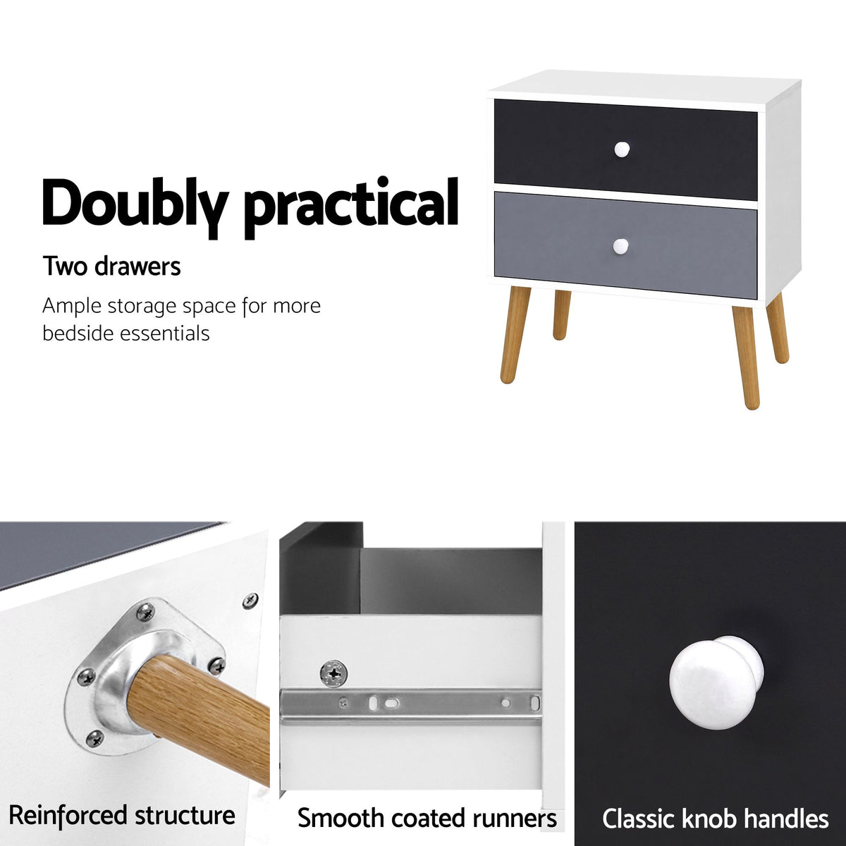 Bonds Two-Tone Bedside Table 2 Drawers, White
