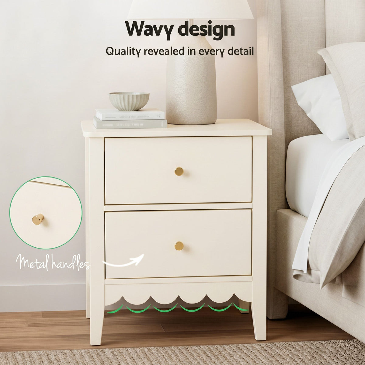 Artiss Bedside Table with 2 Drawers Bedroom Storage Nightstand Beige