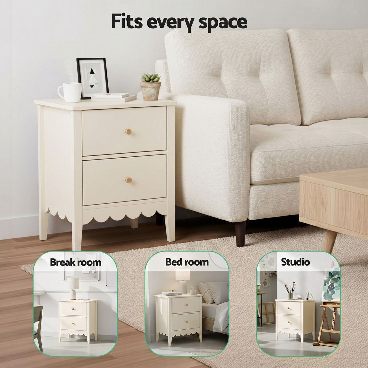 Artiss Bedside Table with 2 Drawers Bedroom Storage Nightstand Beige