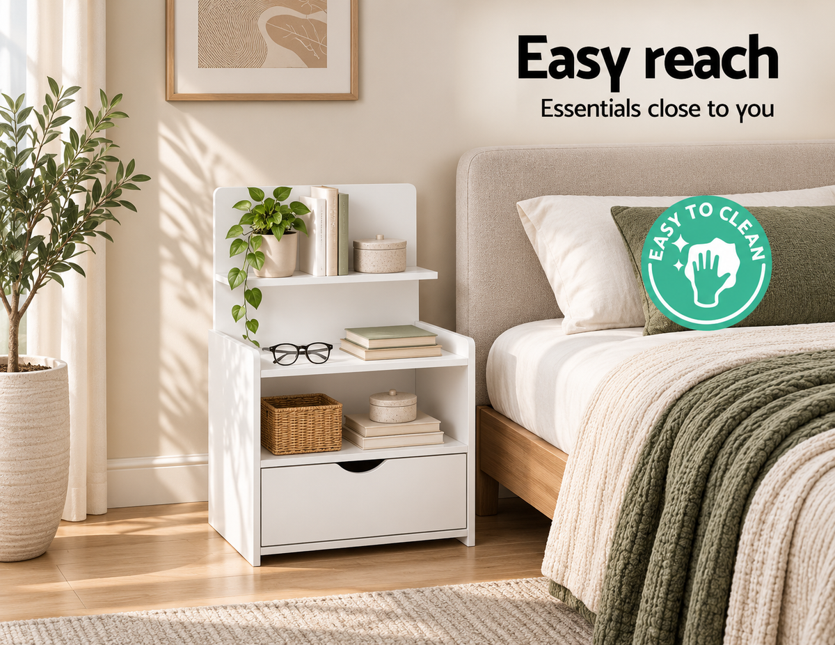 Evermore Bedside Table 1 Drawer with Shelves White